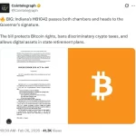 Indiana avanza hacia la regulación cripto eliminando impuestos discriminatorios