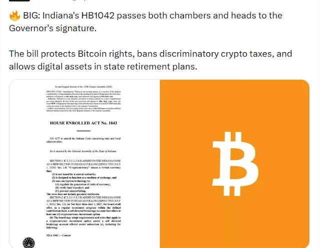 Indiana avanza hacia la regulación cripto eliminando impuestos discriminatorios
